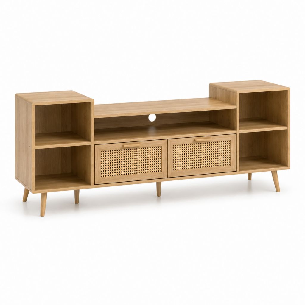 Mobile porta TV in rovere naturale e rattan 160 x 40 x 80 cm