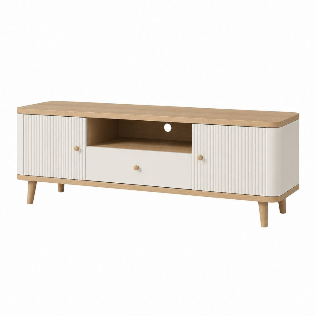 Mobile TV rettangolare crema e rovere in MDF 160 x 40 x 55 cm con 2 ante e cassetto