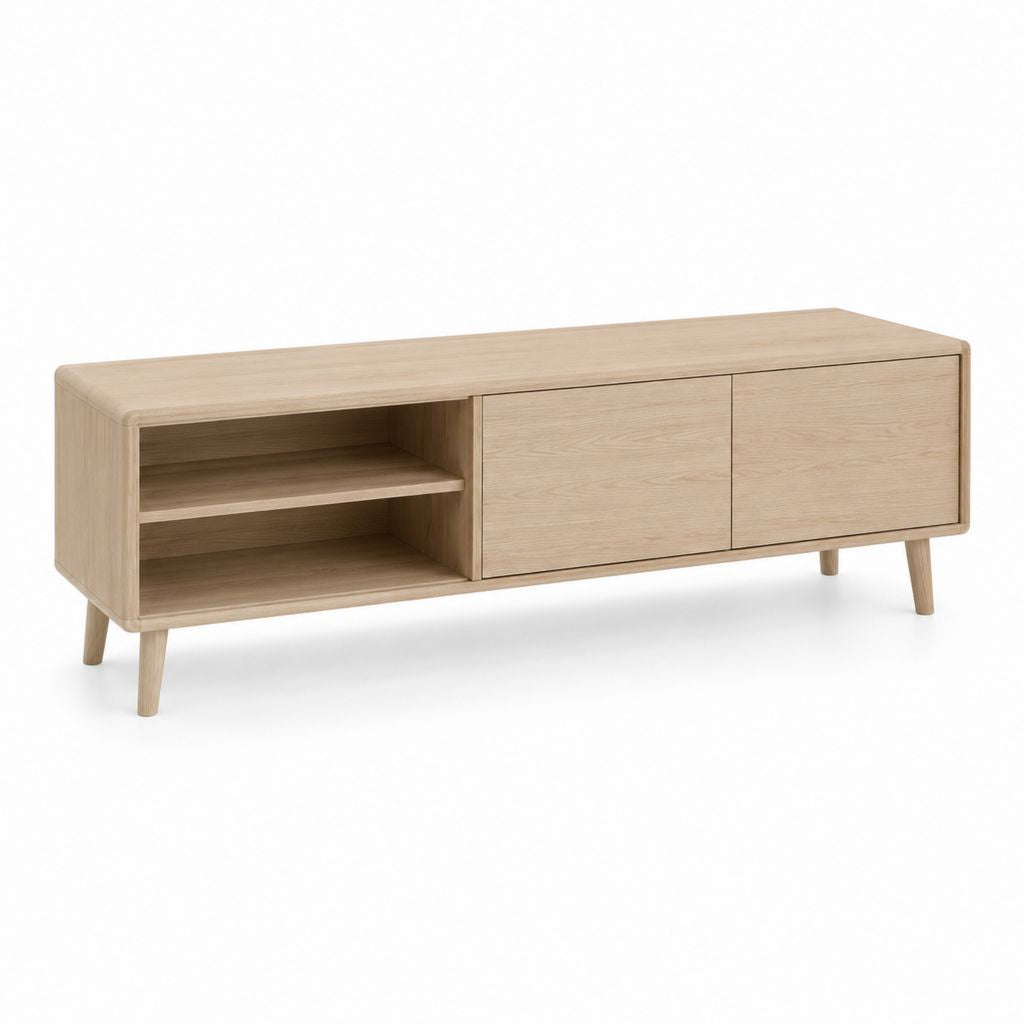 Mobile TV in MDF impiallacciato rovere naturale con 2 ante e 2 vani aperti 160 x 40 x 55 cm