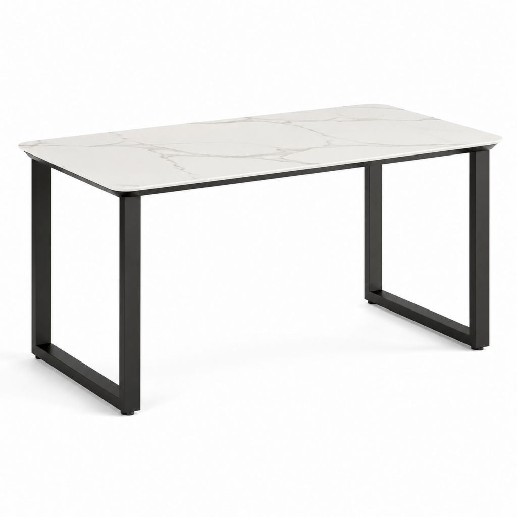 Tavolo da pranzo rettangolare bianco effetto marmo con struttura in acciaio nero 140 x 80 x 75 cm