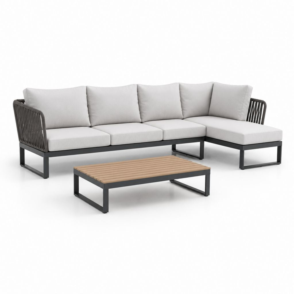 Set divano da giardino angolare 4 posti con tavolino grigio chiaro in alluminio e corda PP 250 x 180 cm