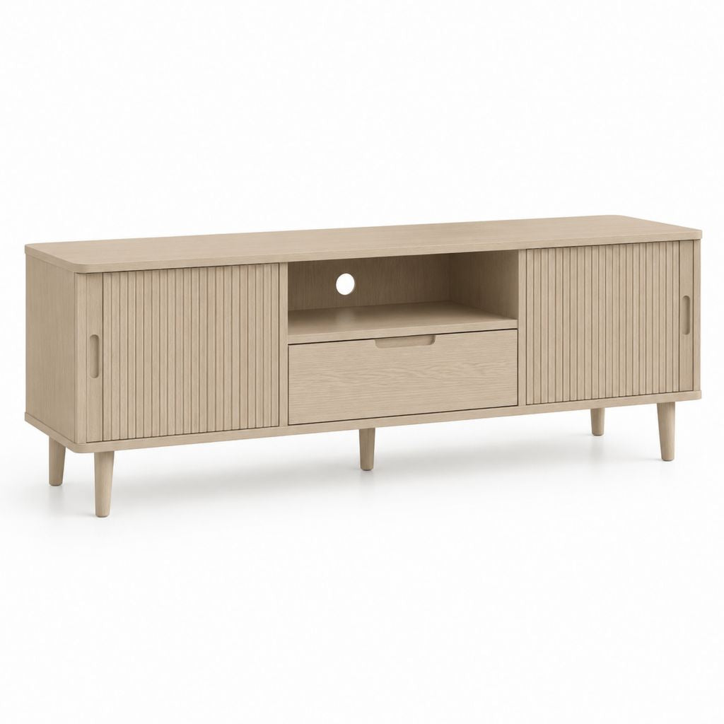 Mobile TV rettangolare rovere chiaro in MDF 160 x 40 x 60 cm con ante scorrevoli e cassetto