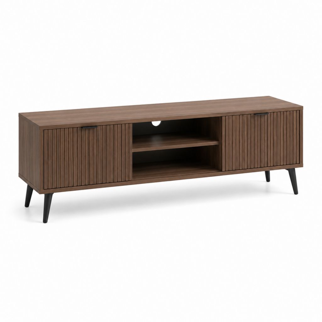 Mobile TV rettangolare noce in pannello di particelle con ante scanalate 180 x 40 x 60 cm