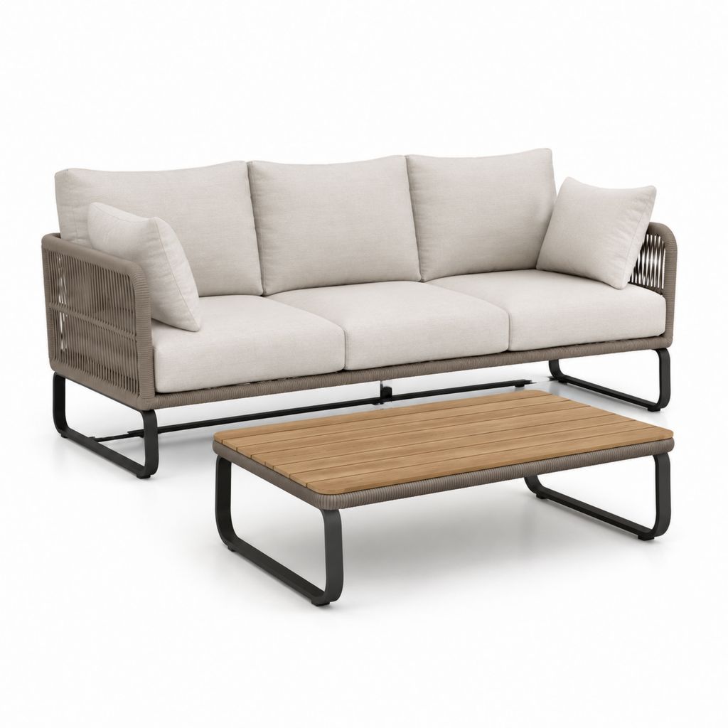 Set divano da giardino 3 posti con tavolino beige in corda PE acciaio e legno di acacia 200 x 85 x 78 cm
