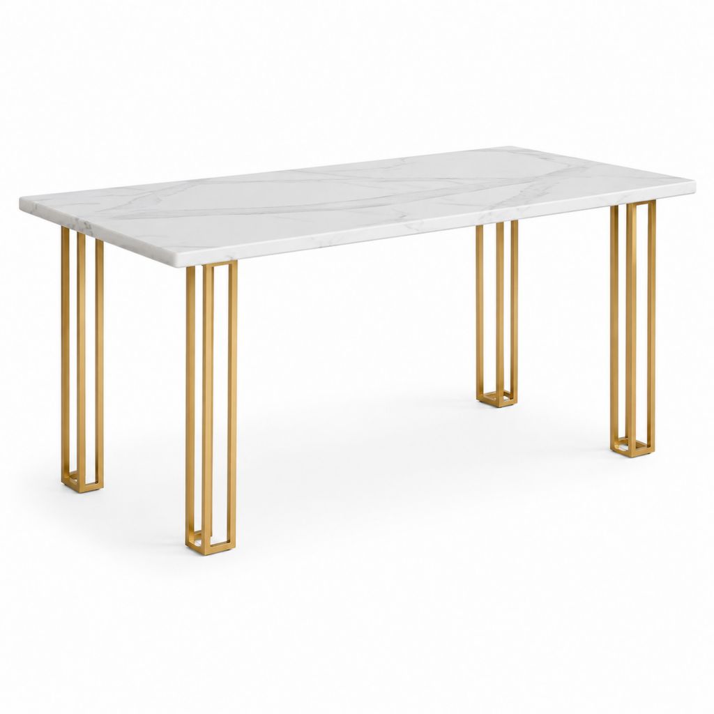 Tavolo da pranzo rettangolare bianco effetto marmo in vetro temperato e acciaio inox oro 160 x 90 x 75 cm