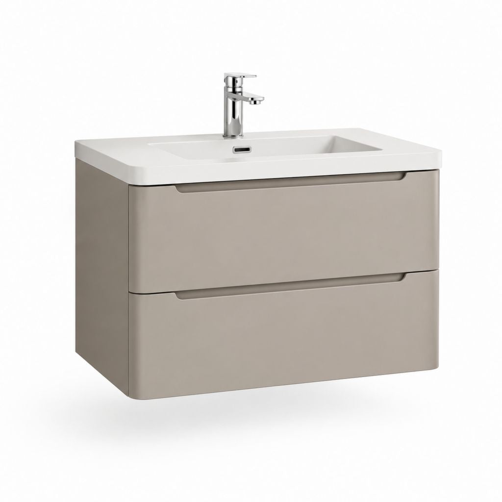 Mobile bagno sospeso rettangolare con lavabo e miscelatore 80 x 46 x 55 cm grigio tortora in MDF laccato con 2 cassetti