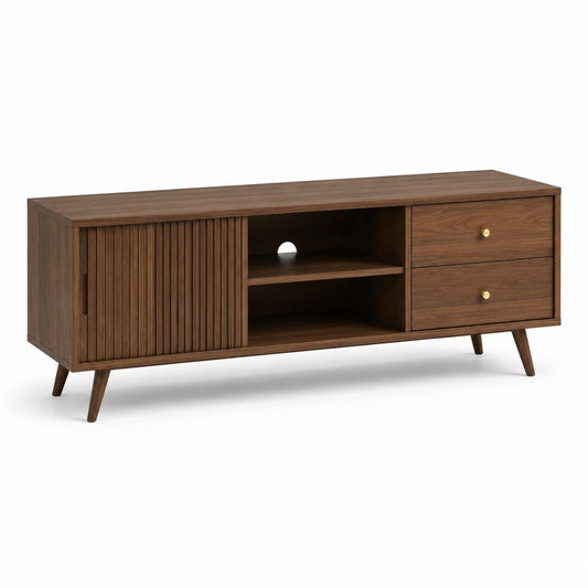 Mobile TV in MDF marrone noce con anta scorrevole e 2 cassetti 160 x 40 x 60 cm