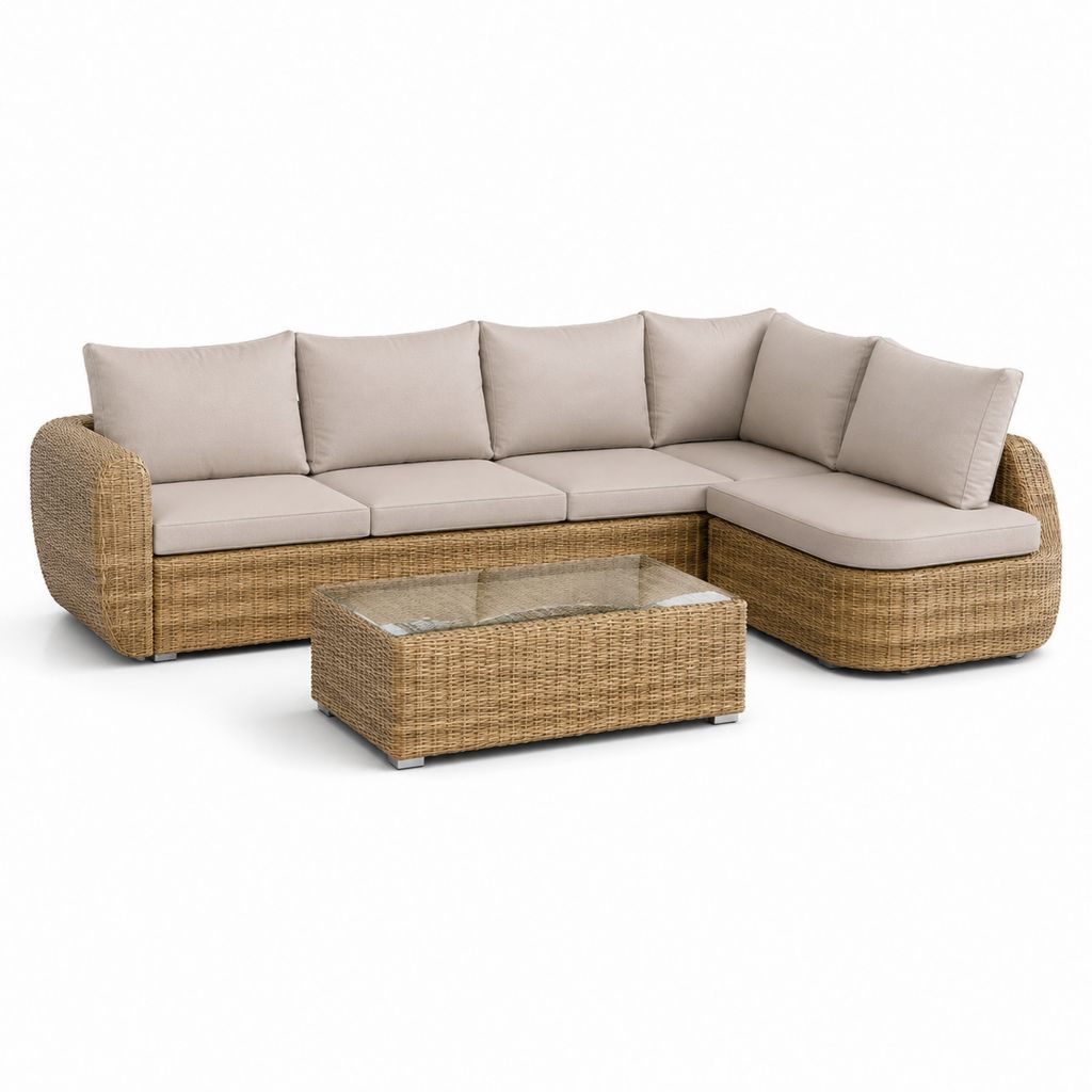 Set divano da giardino angolare in polietilene beige con tavolino rettangolare 250 x 180 cm