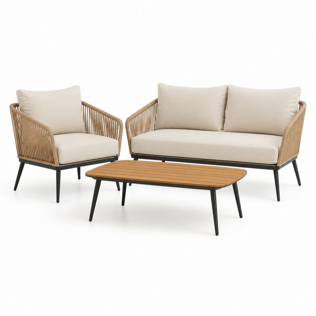 Set salotto da giardino 3 pezzi beige naturale e nero in acciaio PE e poliestere con divano 128 x 70 x 78 cm poltrona 70 x 70 x 78 cm e tavolino rettangolare 100 x 60 x 42 cm