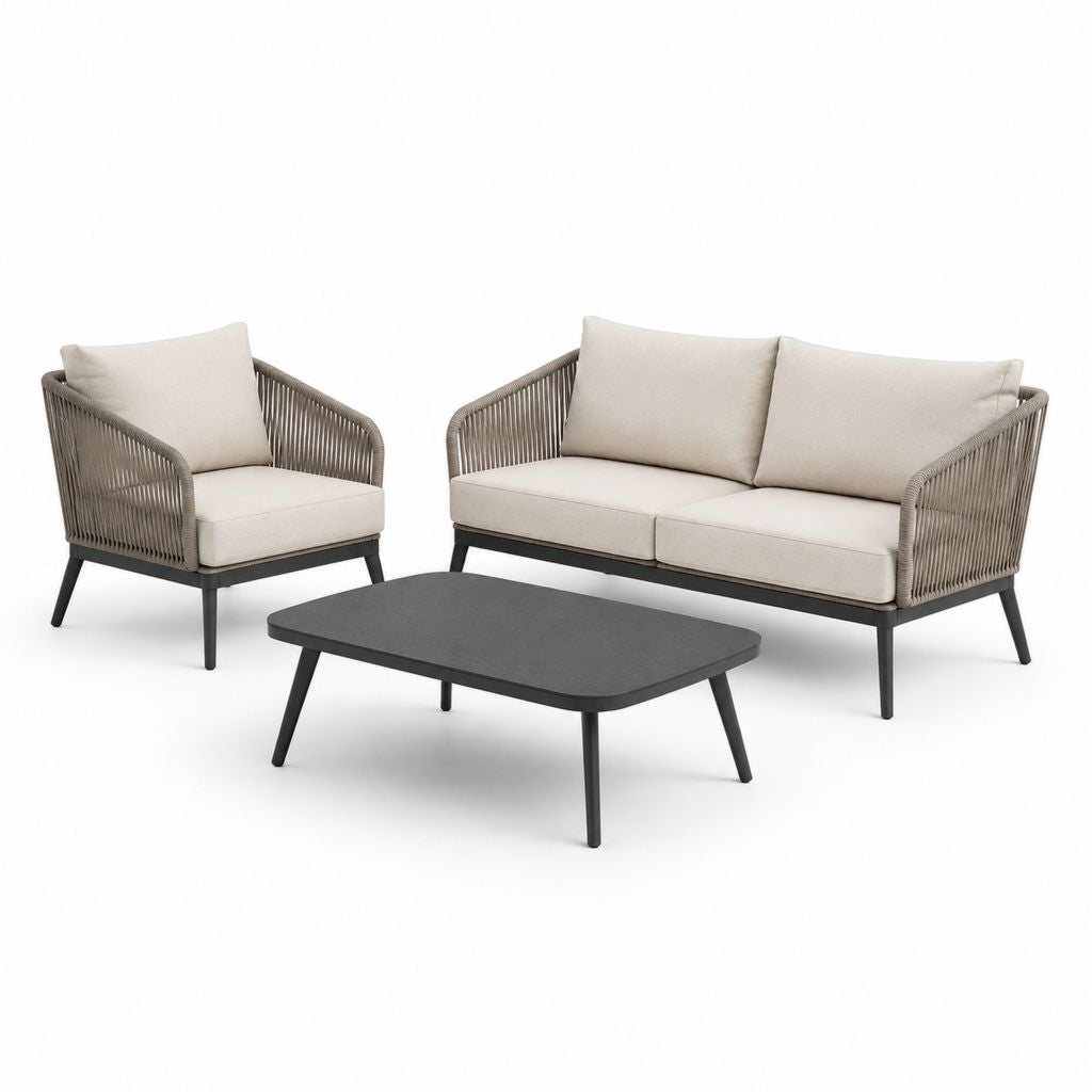 Set salotto da giardino 3 pezzi beige e grigio con struttura in alluminio e corda PE divano 2 posti poltrona tavolino 120 x 60 cm