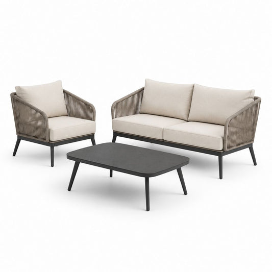 Set salotto da giardino 3 pezzi beige e grigio con struttura in alluminio e corda PE divano 2 posti poltrona tavolino 120 x 60 cm