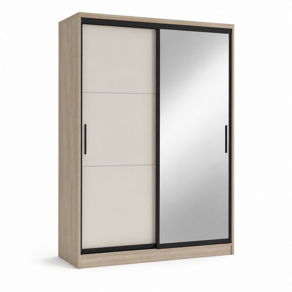 Armadio guardaroba rettangolare in pannello truciolare rovere chiaro grigio con specchio 2 ante scorrevoli 120 x 60 x 200 cm
