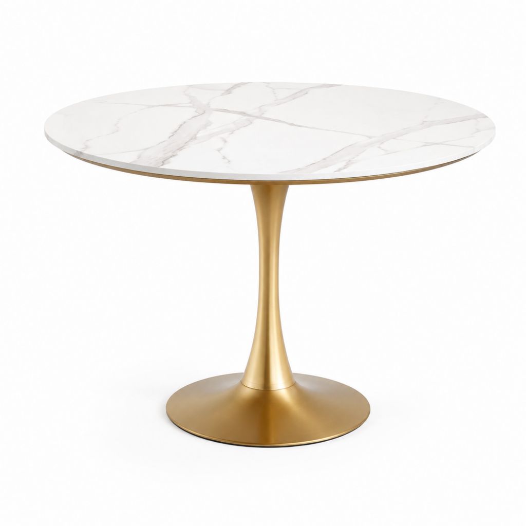 Tavolo da pranzo rotondo bianco effetto marmo in ceramica con base dorata in acciaio Ø100 x H75 cm