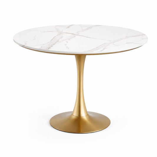 Tavolo da pranzo rotondo bianco effetto marmo in ceramica con base dorata in acciaio Ø100 x H75 cm