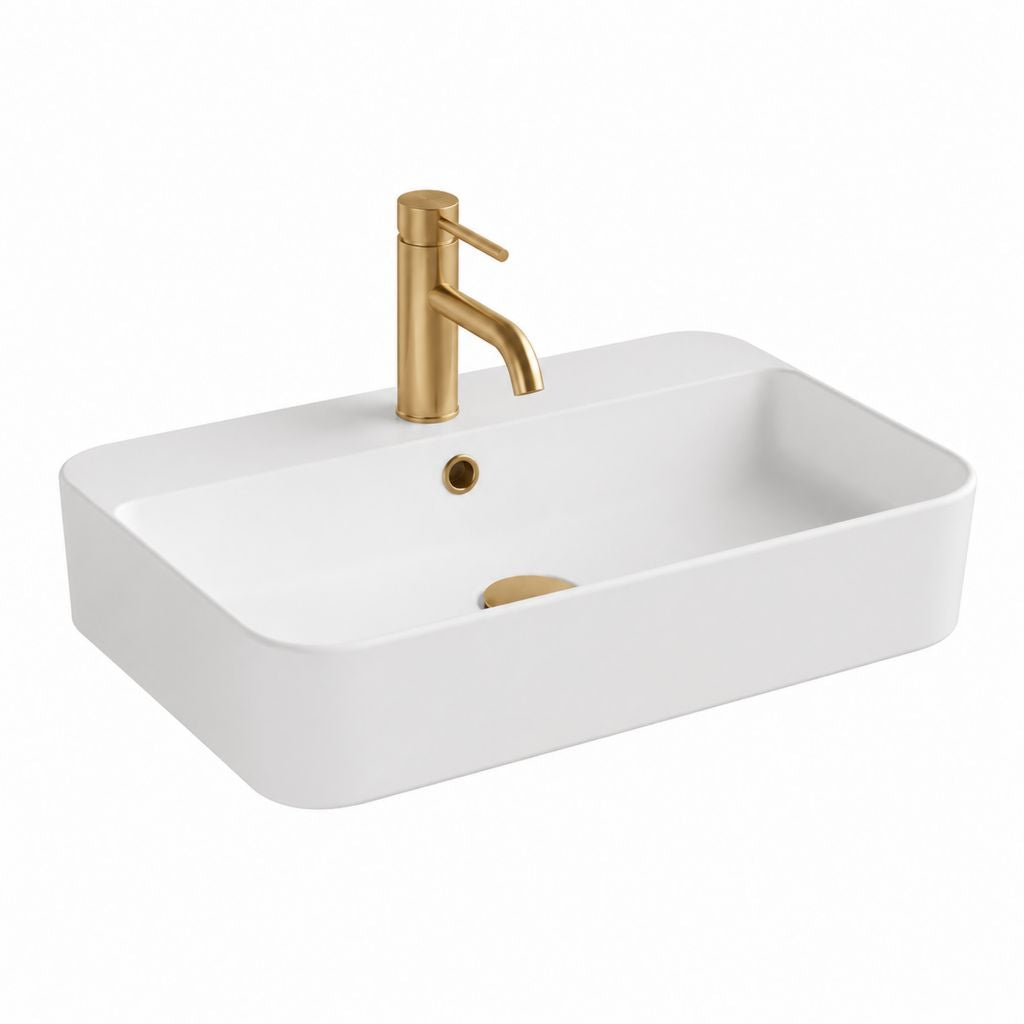 Set lavabo da appoggio rettangolare bianco in ceramica con miscelatore dorato 60 x 40 x 15 cm