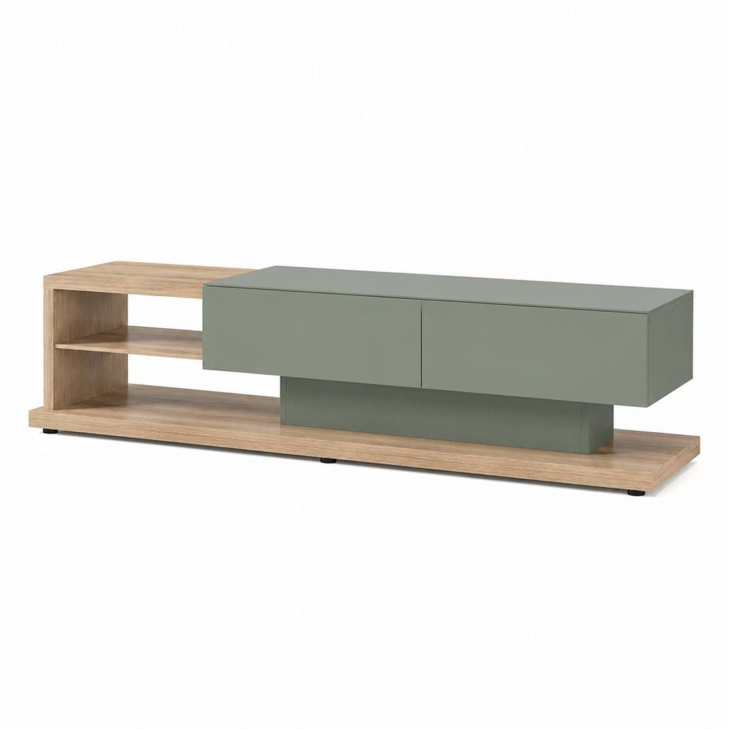 Mobile TV basso verde salvia e rovere in pannelli di particelle rettangolare 180 x 40 x 50 cm