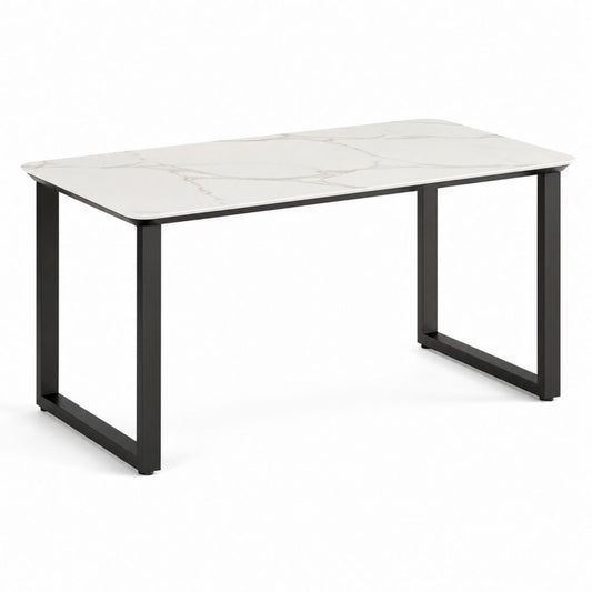 Tavolo da pranzo rettangolare bianco effetto marmo con struttura in acciaio nero 140 x 80 x 75 cm