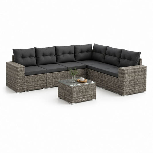 Set divani da giardino angolare 7 pezzi grigio in rattan PE con cuscini 245 x 175 x 60 cm