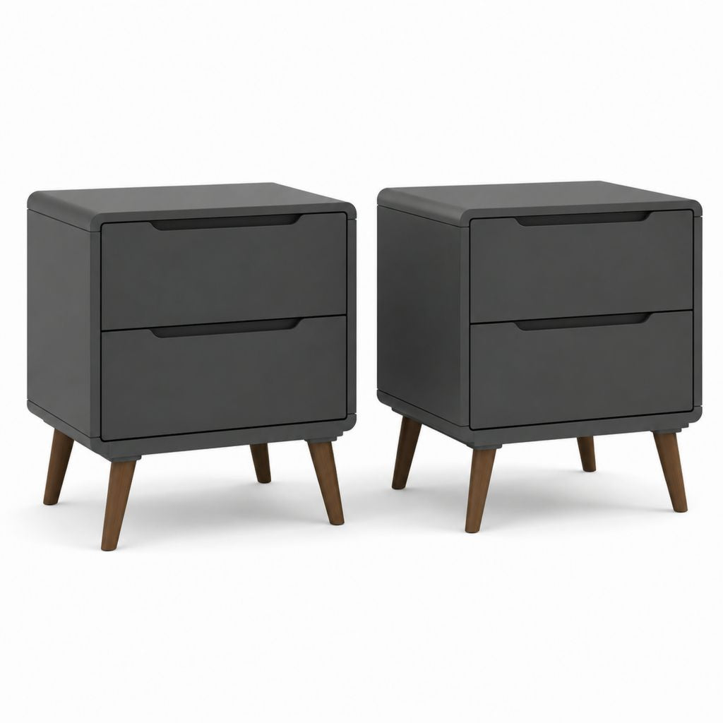 Set di 2 comodini con 2 cassetti grigio antracite in MDF e gambe in legno massello 40 x 35 x 55 cm