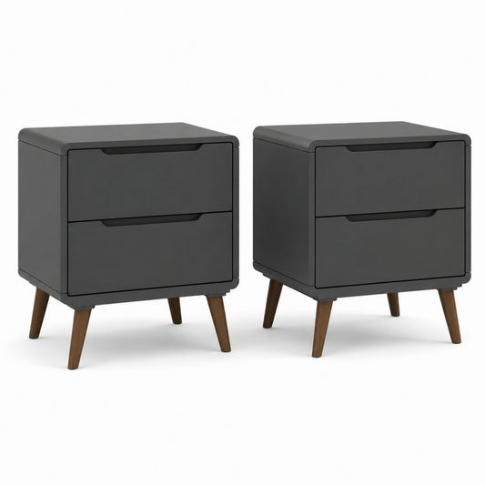 Set di 2 comodini con 2 cassetti grigio antracite in MDF e gambe in legno massello 40 x 35 x 55 cm
