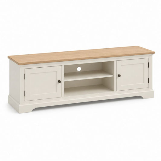 Mobile TV bianco e rovere in MDF rettangolare con 2 ante e ripiani 120 x 40 x 50 cm