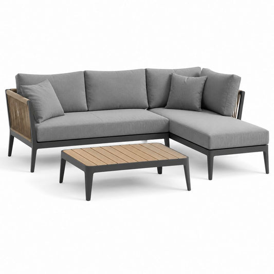 Set divano da giardino angolare con tavolino grigio in alluminio e poliestere 220 x 150 x 75 cm